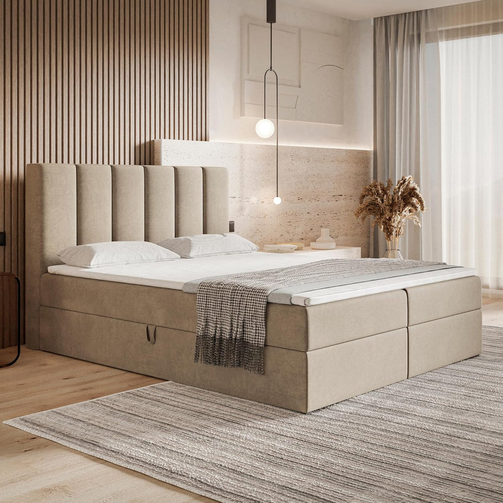 Santiago Boxspringbett 160x200 mit Bettkasten und Topper, Polsterbett 160x200 mit Bettkasten, Bonellfederkern-Matratze (H4), T28 Komfortschaumstoff Topper (H3), Samt, Beige